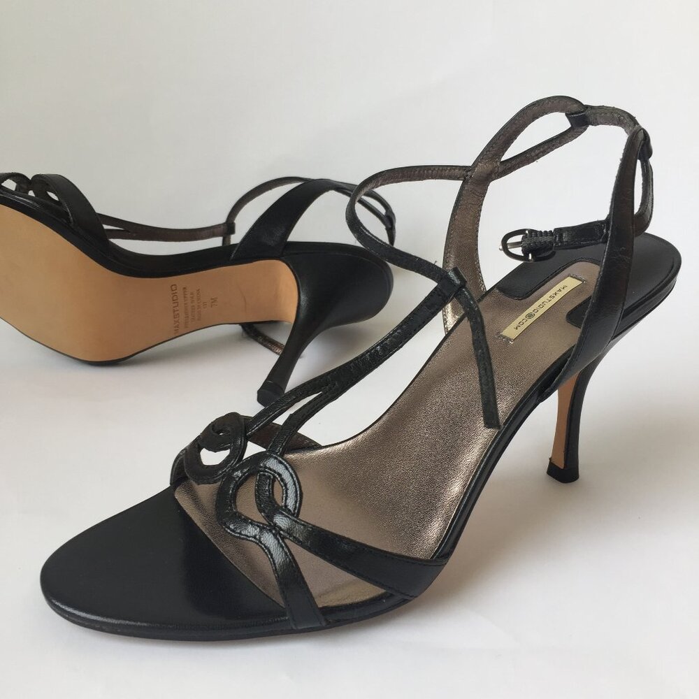 Max Studio Black Leather T-Strap Stiletto Sandals – Size 7
